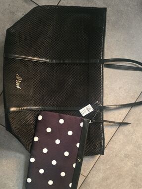 Pink Black Mesh Beach Bqgwith Black Polka Dot Pouch